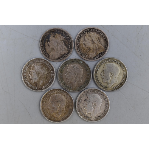 109 - Seven Silver Threepence Coins (1898,1901,1916,1918,1919,1920, and 1926)