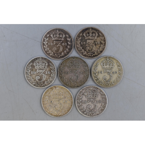 109 - Seven Silver Threepence Coins (1898,1901,1916,1918,1919,1920, and 1926)