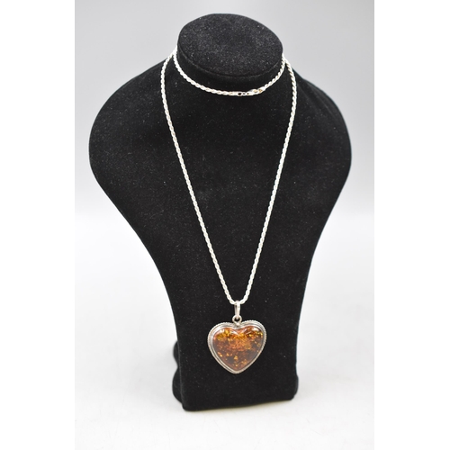 31 - Large Heart Shaped Vintage Silver 925 Amber Pendant on Silver 925 Chain (Pendant Size Approx. 1.5&rd... 