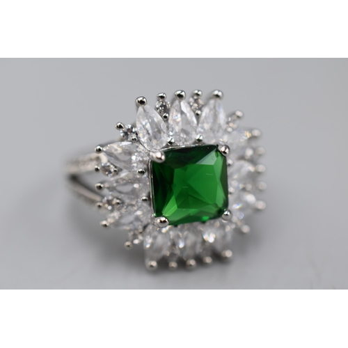 41 - A Women's 925 Silver Clear and Green Stoned Designer Ring, In Presentation Box