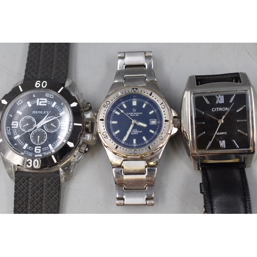 113 - Three Gents Quartz Watches. Includes Citron, Claude Valentini, And Henley. All Working