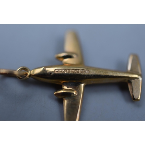 1 - Hallmarked 375 (9ct) Gold Aeroplane Pendant with Makers Mark in Box (2cm)