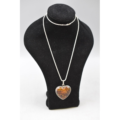 36 - Large Heart Shaped Vintage Silver 925 Amber Pendant on Silver 925 Chain (Pendant Size Approx. 1.5&rd... 