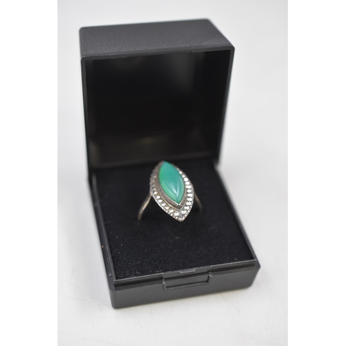 42 - Vintage Silver 925 Marcasite and Green Stoned Ring (Size P) Complete with Presentation Box