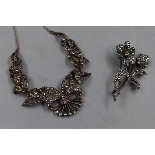 81 - Vintage Silver Marcasite Necklace and a Unmarked Silver Marcasite Floral Brooch Complete with Presen... 