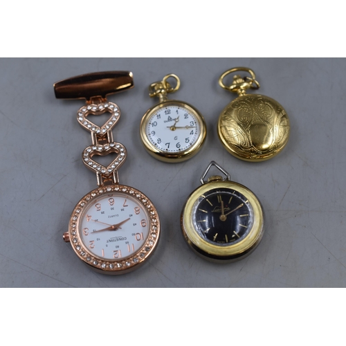 86 - Three Ladies Quartz Pendant Watches and a Constant Jeweled Nurses Watch (All working)