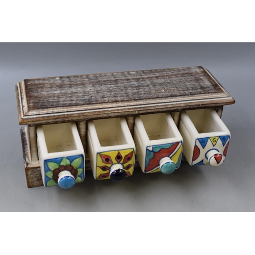 319 - Small Wooden Storage Box with Painted Ceramic Drawers (12.5