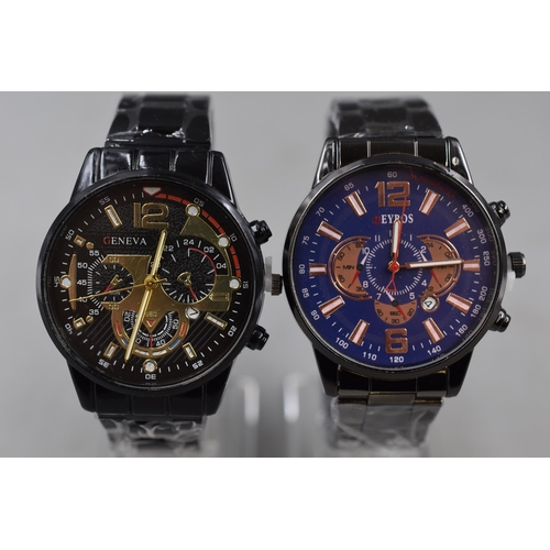 104 - Two Quartz Chronograph Style Watches On Stands, Geneva and Deyros