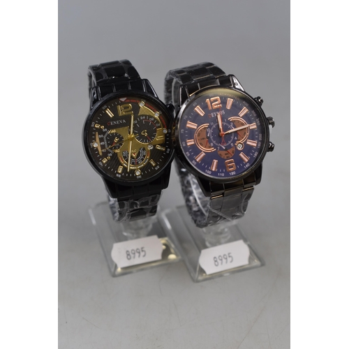 104 - Two Quartz Chronograph Style Watches On Stands, Geneva and Deyros