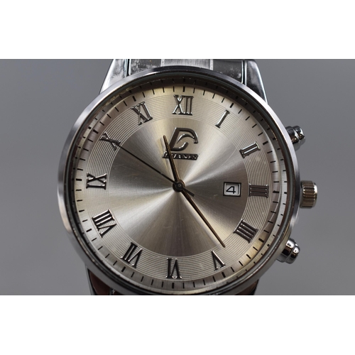 113 - A Stainless Steel Duane Quartz Watch, On Stand