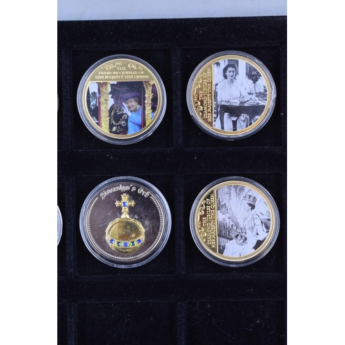153 - Eight Elizabeth II Gold Plated Pictorial Commemorative Coins Complete with capsules