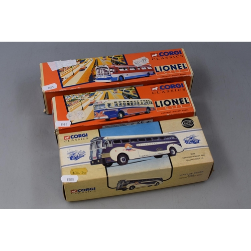 168 - Three Boxed Corgi Classics Vehicles to include Greyhound Liners and Lionel City