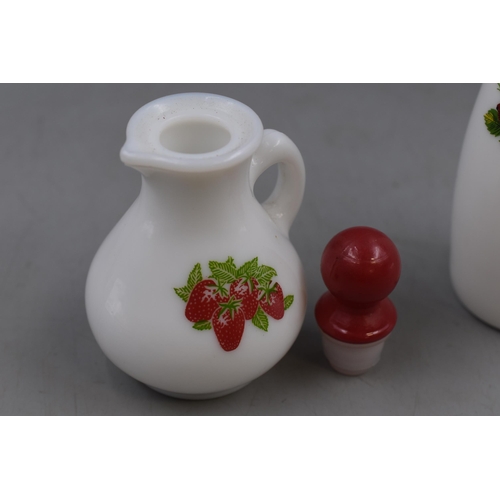 270 - Two Vintage Avon Milk Glass Jugs, Includes Strawberries and Rose. Largest Approx 7