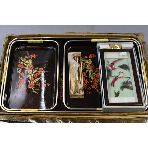 277 - Oriental Framed Bird Picture, Decorative Trays and a Selection of Oriental Cutlery