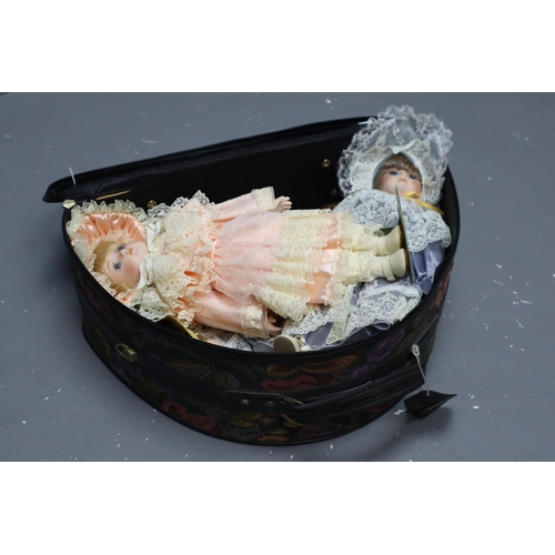 776 - Vintage Suitcase to include Four Alberon Porcelain Dolls with Stands and Accessories