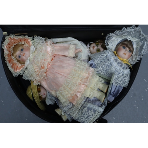 776 - Vintage Suitcase to include Four Alberon Porcelain Dolls with Stands and Accessories