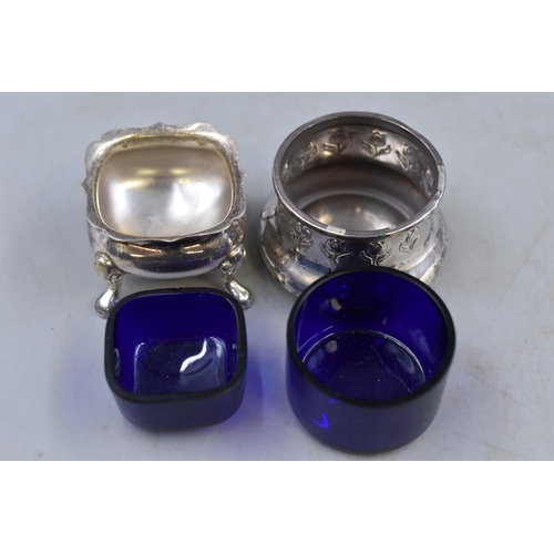 8 - Hallmarked Birmingham Silver Condiment Pot With Cobalt Blue Glass Liner and a 3 Piece Silver Plated ... 