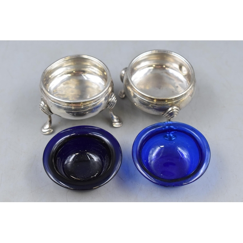 9 - Pair of Hallmarked Silver Condiment Pots with Cobalt Blue Glass Liners