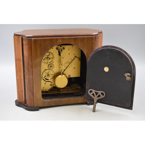 360 - Antique Oak Cased Enfield Westminster Chime Mantle Clock Complete with Key and Pendulum Ticking away... 