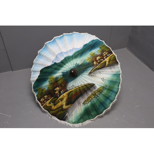 361 - A Handpainted Vintage Japanese Parasol, Depicting Japanese River Village Scene