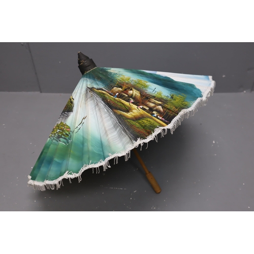 361 - A Handpainted Vintage Japanese Parasol, Depicting Japanese River Village Scene