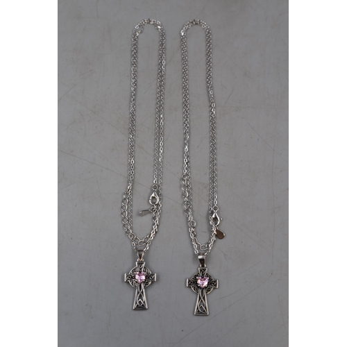 35 - Two Silver 925 Celtic Cross Pendants with Pink Heart Stone on Silver 925 Chains