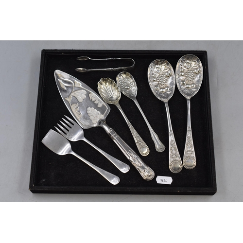 64 - Eight Pieces of Silver Plated Cutlery, Includes Sugar Tong, Cake Slice and More