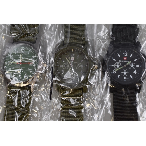 79 - Three Military Style Quartz Watches. Includes Soki, And Gemius Army