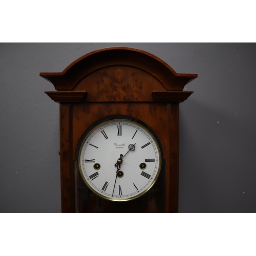 412 - Burr Yew 8 day Comitti of London Westminster Chime Wall Regulator Clock (Seems To Be Working Fine)