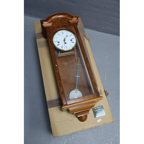 412 - Burr Yew 8 day Comitti of London Westminster Chime Wall Regulator Clock (Seems To Be Working Fine)