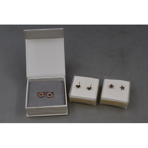 82 - Three Pairs of Silver 925 Earrings to include Rose Gold Coloured Bear Themed Earrings 'Z' Heart Shap... 