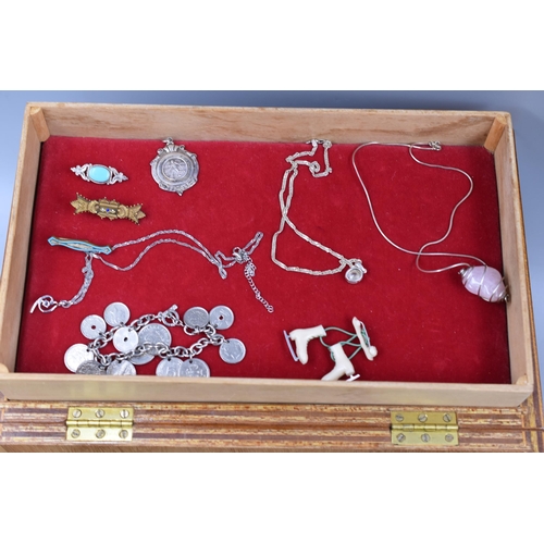 90 - Selection of Jewellery items, includes Two Silver Necklaces and more. Comes in Vintage Wooden Jewell... 