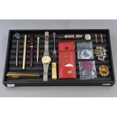 92 - Mixed Selection Including Vintage Pens, Bulova Watch Head, Brooches, Darts, Whistle and More