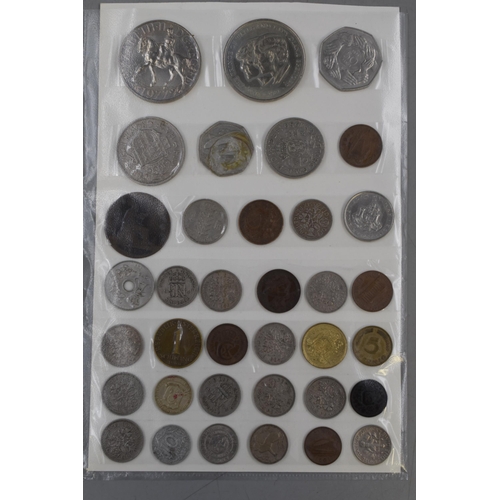 105 - Three Sheets of Mixed UK and Worldwide Coinage including Crowns, 50 Pence's, and More