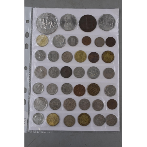 105 - Three Sheets of Mixed UK and Worldwide Coinage including Crowns, 50 Pence's, and More