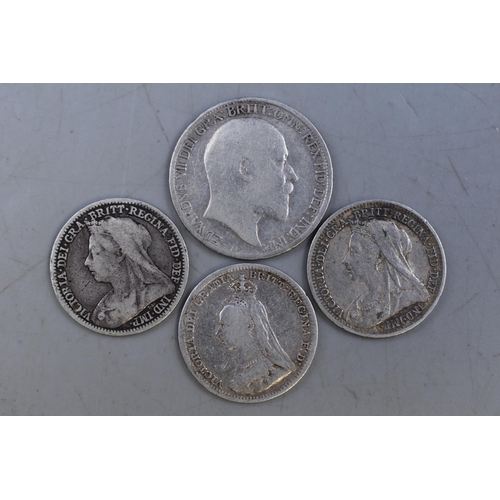 112 - Edward VII 1905 Silver Sixpence and three Victorian Silver Three Pence Coins (1892, 1896 and 1899)