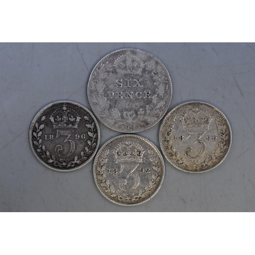 112 - Edward VII 1905 Silver Sixpence and three Victorian Silver Three Pence Coins (1892, 1896 and 1899)