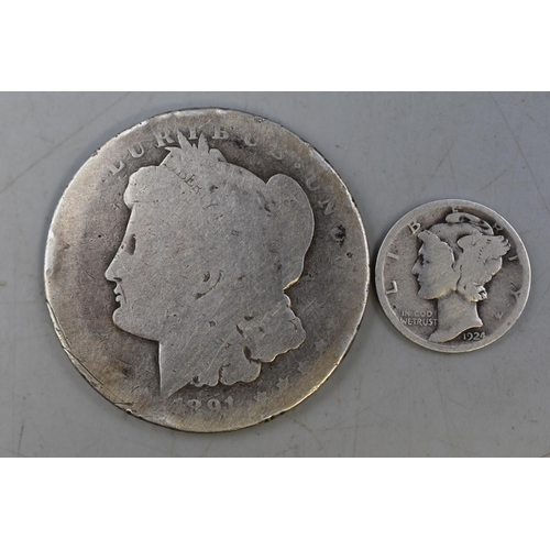 114 - USA Silver 1891 Dollar and a 1924 Silver Dime