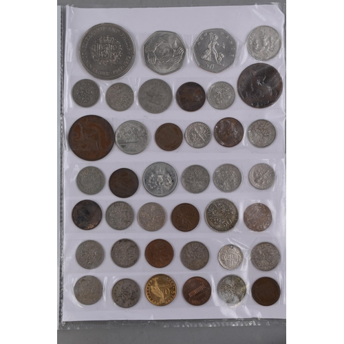 121 - Two Sheets of Mixed UK and Worldwide Coinage including 50 Pence's, Crowns and More