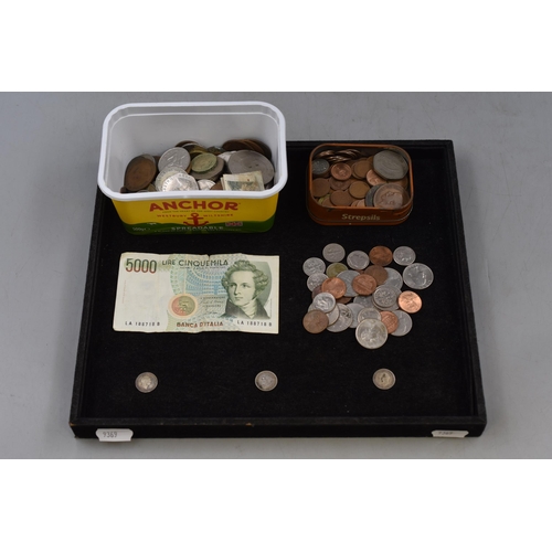 123 - Mixed Selection of UK and Worldwide Coinage including Banknote and Silver Threepences