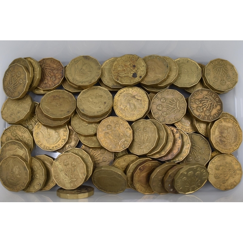 128 - Collection of 65 Brass Three Pence Coins