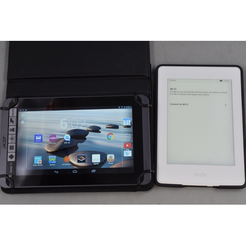 439 - Acer Icona B1 tablet and Kindle paperwhite both in cases with charging leads and unlocked, both work... 