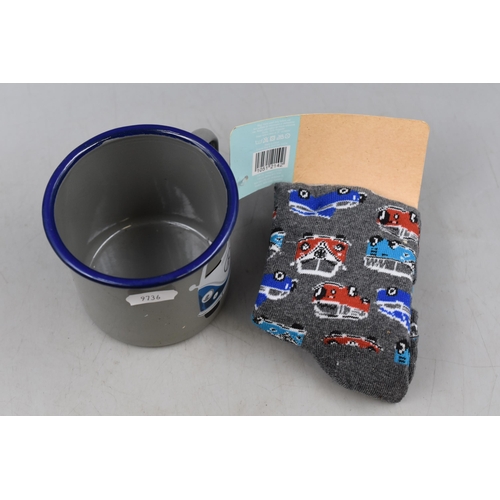 159 - An Enamelled VW Campervan Mug, With VW Campervan Socks