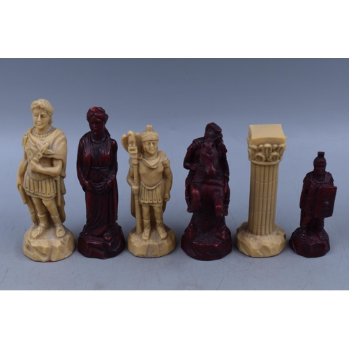 490 - Complete Set of Roman Themed Chess Board and Chess Pieces (Minor Chip on the Red Queen's Head)