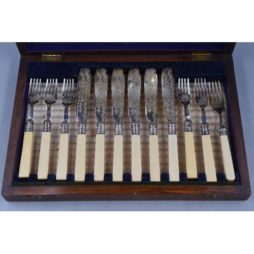 494 - Hallmarked Silver Banded Knife and Forks Set in Wooden Case (One Fork is not Matching)