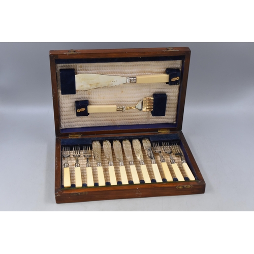 494 - Hallmarked Silver Banded Knife and Forks Set in Wooden Case (One Fork is not Matching)