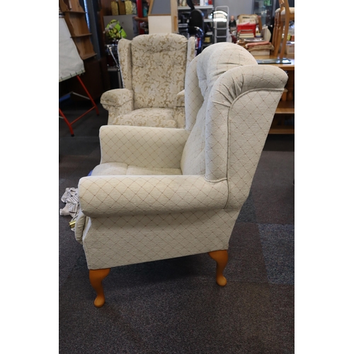 601 - Nice Quality High Wing Back Chair with Fawn and Cream Kriss Cross Design Covering (slight wear to to... 