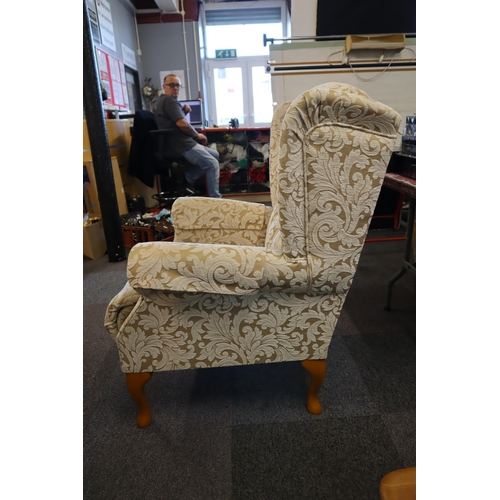 602 - Nice Quality High Wing Back Chair with Fawn and Cream Leaf Design Covering sitting on Queen Ann legs... 