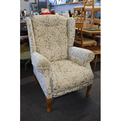 602 - Nice Quality High Wing Back Chair with Fawn and Cream Leaf Design Covering sitting on Queen Ann legs... 