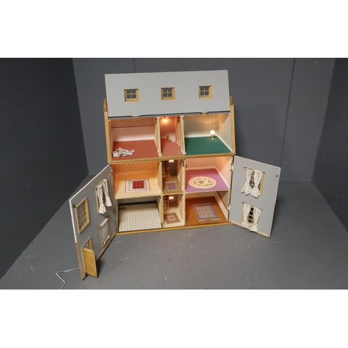 613 - Vintage Georgian Style Wooden Doll House with Lighting (Powers On When Tested) 32.5